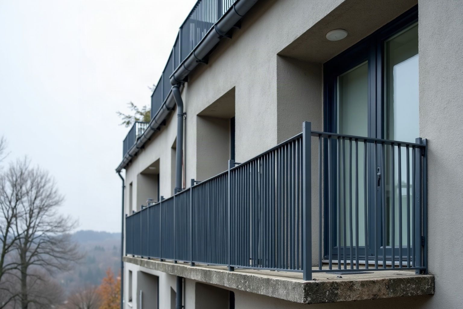 Garde-corps neuf en acier anthracite à barreaudage vertical serré, sur le même balcon