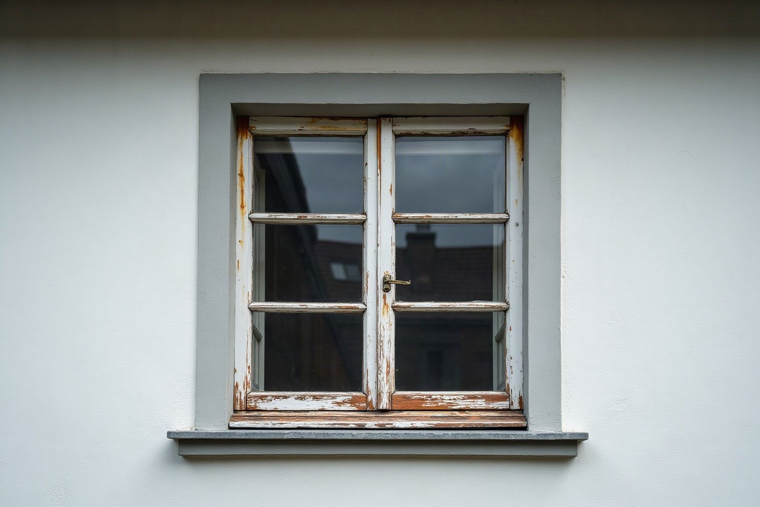Ancienne fenêtre en bois à peinture écaillée et simple vitrage dans une façade crépie