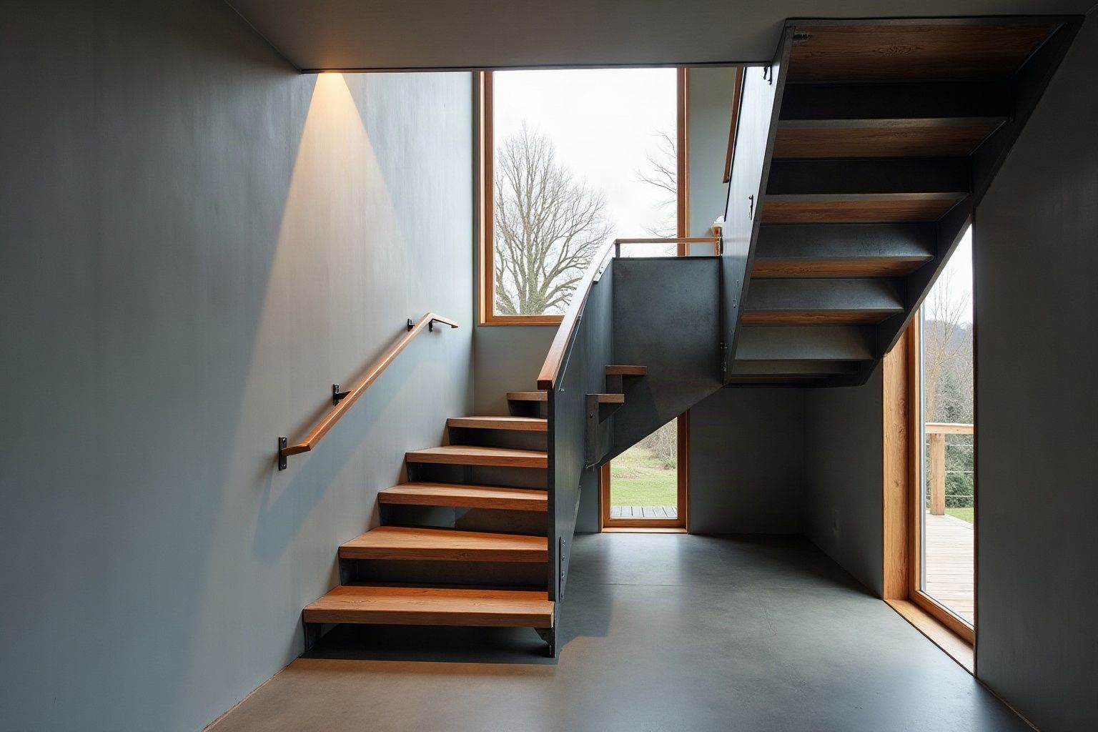 Escalier quart tournant en acier ciré à limons en tôle pliée et marches en bois