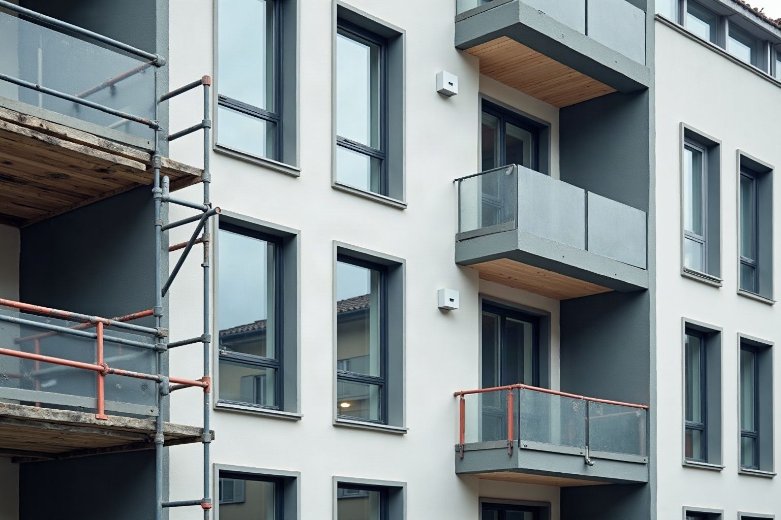 Façade d'immeuble suisse rénové avec fenêtres triple vitrage à cadres anthracite