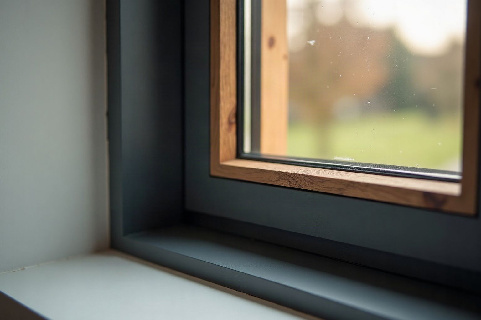 Détail d'angle d'une fenêtre bois-métal, chêne huilé à l'intérieur et coque anthracite à l'extérieur