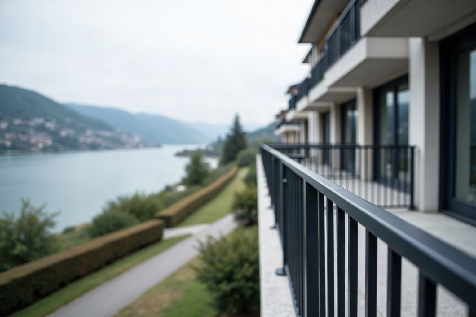 Garde-corps en acier thermolaqué anthracite à barreaudage vertical sur un balcon en béton