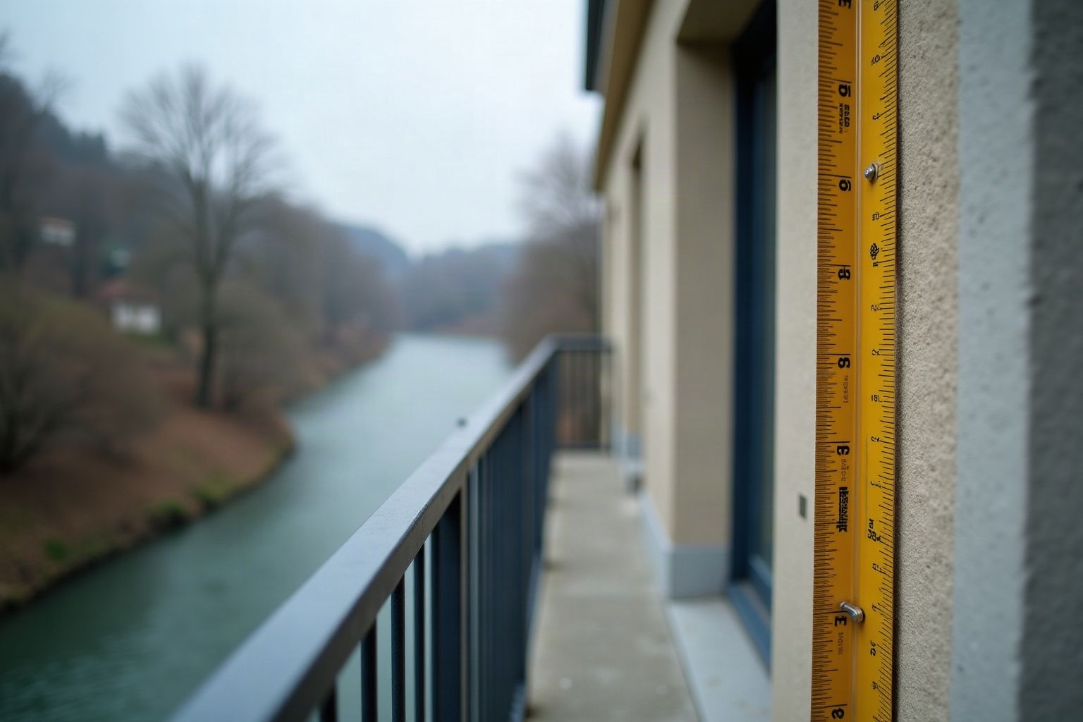 Mètre pliant mesurant la hauteur d'un garde-corps en acier anthracite sur un balcon