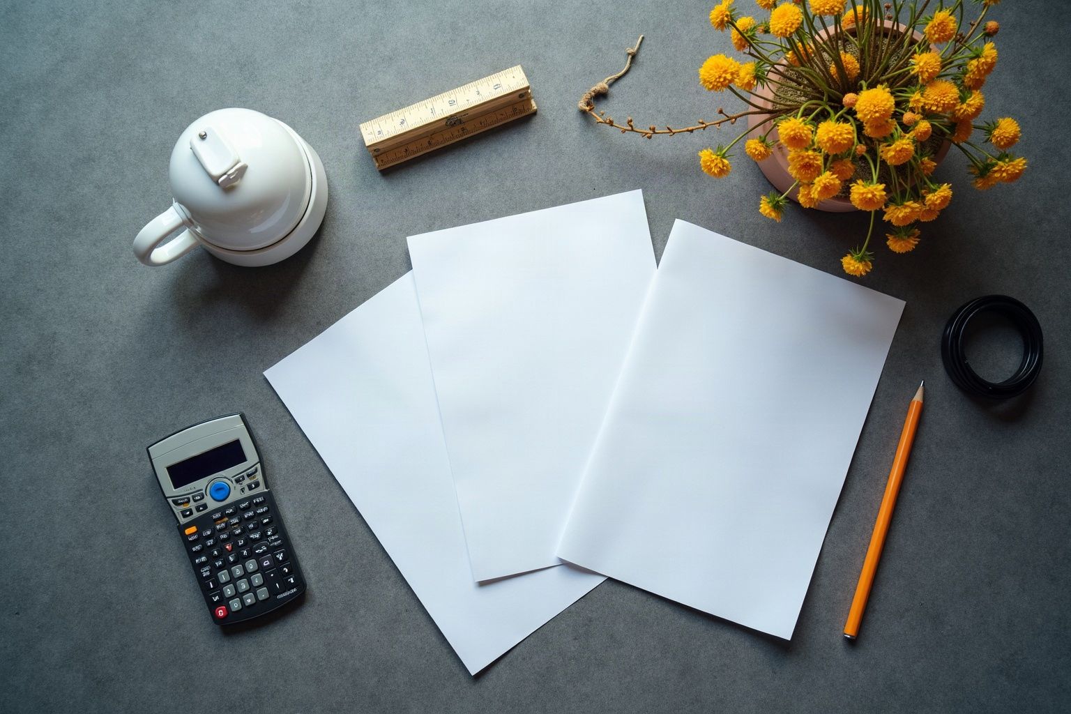 Échantillons de profils de fenêtre, mètre pliant et calculatrice posés à plat