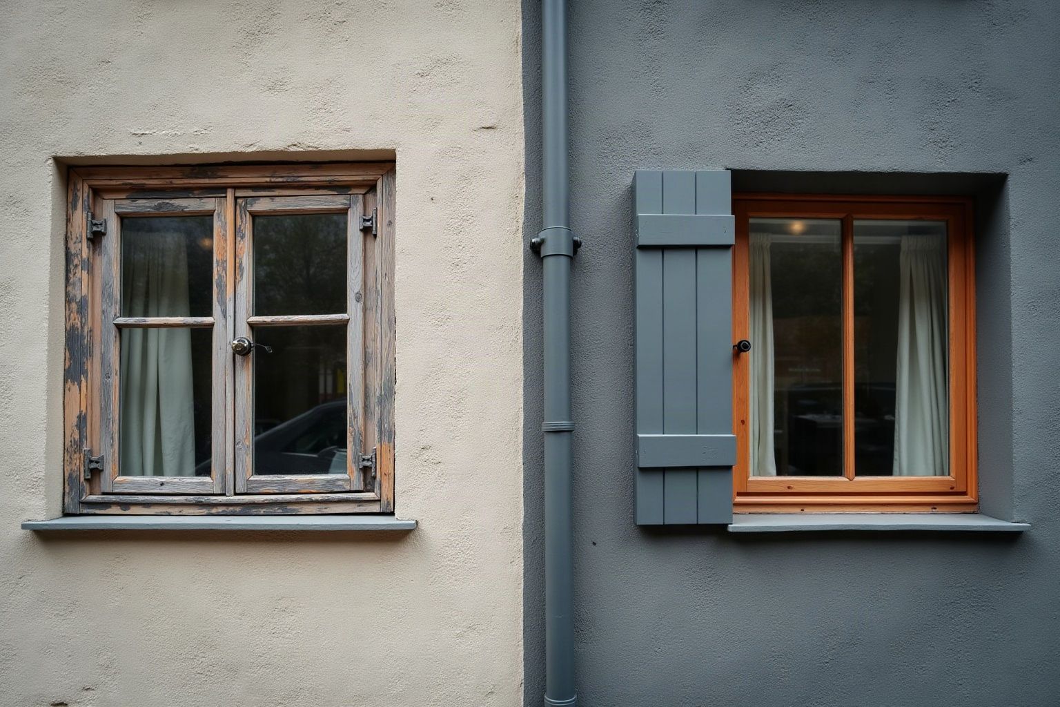 Ancienne fenêtre en bois écaillée à côté d'une fenêtre anthracite neuve sur la même façade