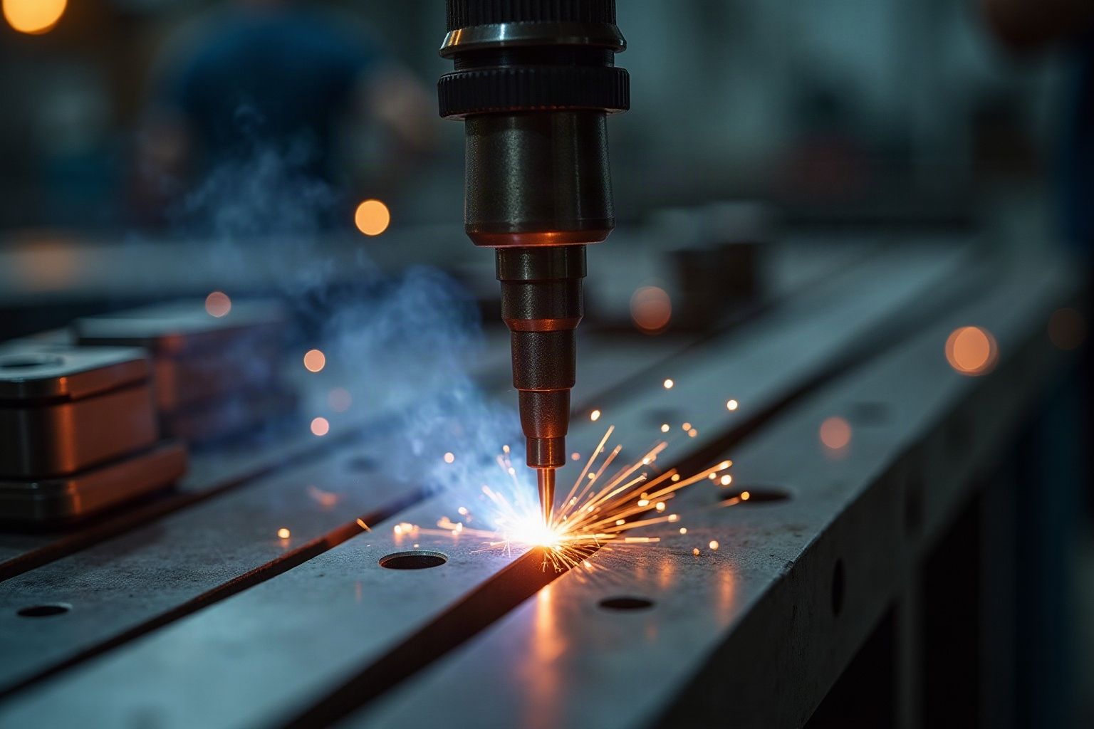 Cordon de soudure TIG sur de l'acier inoxydable brossé dans un atelier de métallerie