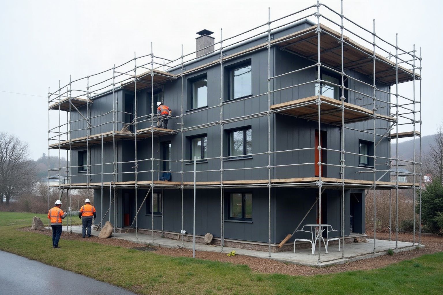 Immeuble suisse sous échafaudage pendant une rénovation énergétique